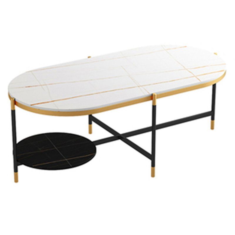 17.7" Tall Modern Metal Cross Leg Base Glass Oval Coffee Table with Shelf Clearhalo 'Coffee & Accent Tables' 'Coffee Tables' 'coffee_tables' 'furn' 'furn_coffee_tables' 'Furniture' 'furniture_coffee_tables' 'Living Room Furniture' 1200x1200_a1060e7a-ad67-4700-b927-c89f302c756f