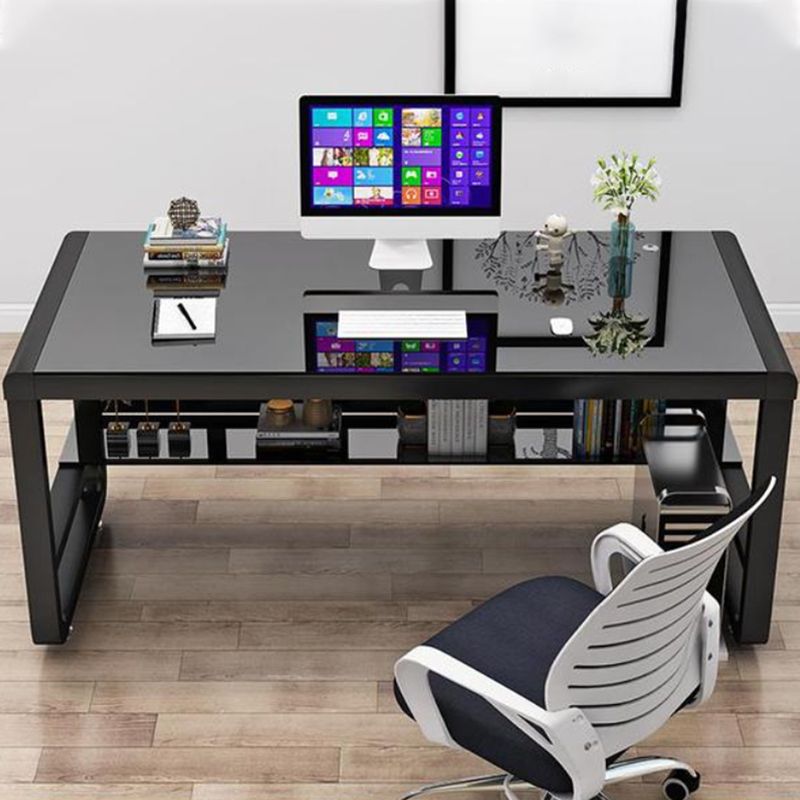 Rectangular Glass Top Office Desk Antique Finish Computer Desk with Metal Legs Clearhalo 'furn' 'furn_office_desk' 'Furniture' 'Office Desks' 'Office Furniture' 'office_desk' 1200x1200_a15f09b6-67bf-4fd0-bea1-d87698233e80