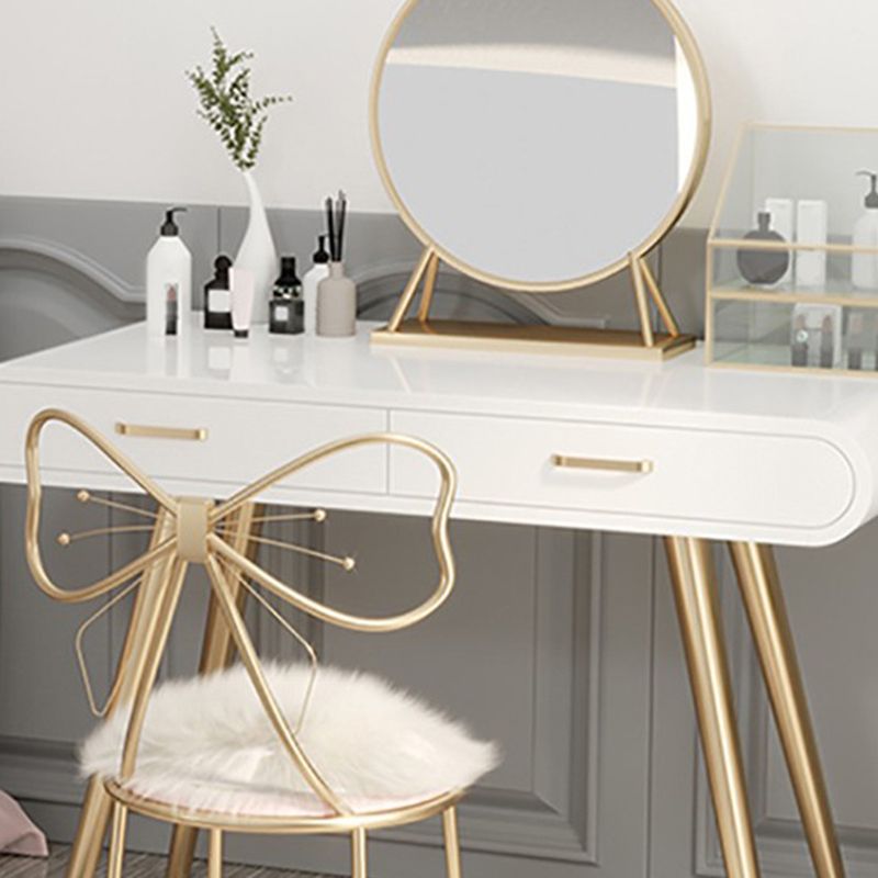White Wood Makeup Vanity with 2 Drawers Mirrored Dressing Table Stool Set