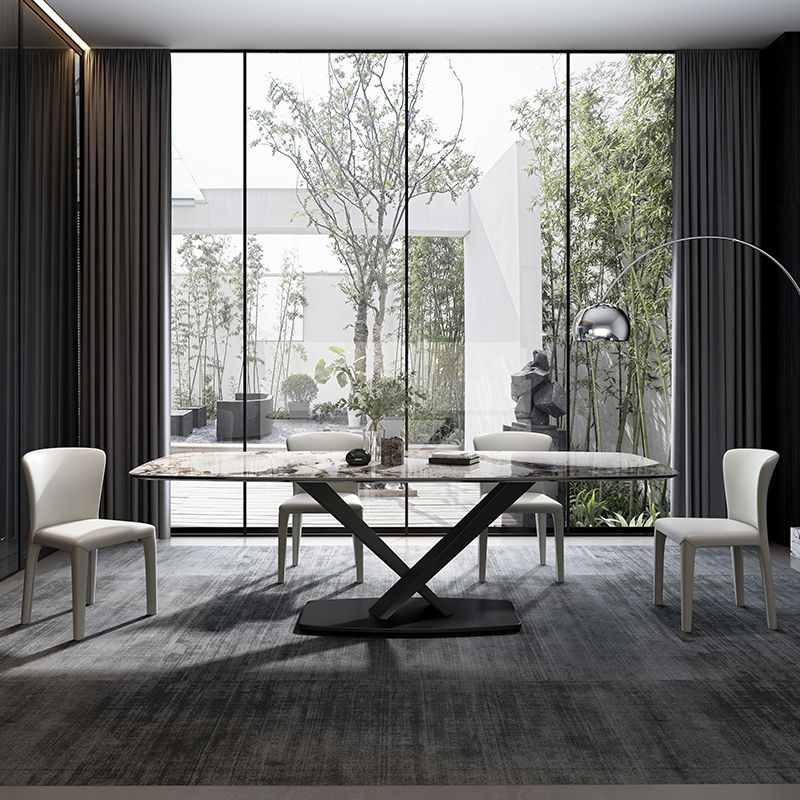 Tavolo da pranzo moderno rettangolare con piano bianco e base a X in metallo nero