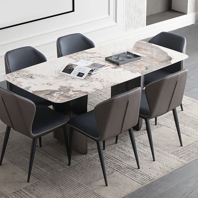 Modern Rectangle Shape Sintered Stone Dining Table Kitchen Dining Table with Double Pedestal Clearhalo ' dining_table' 'Dining Tables & Seating' 'Dining Tables' 'Furniture' 'furniture_dining_table' 'Kitchen & Dining Furniture' 'kitchen&dining_furn' 'kitchen' 'kitchen_dining_table' 1200x1200_a1ee369f-c875-43c7-8f10-bc2a4c24e09c