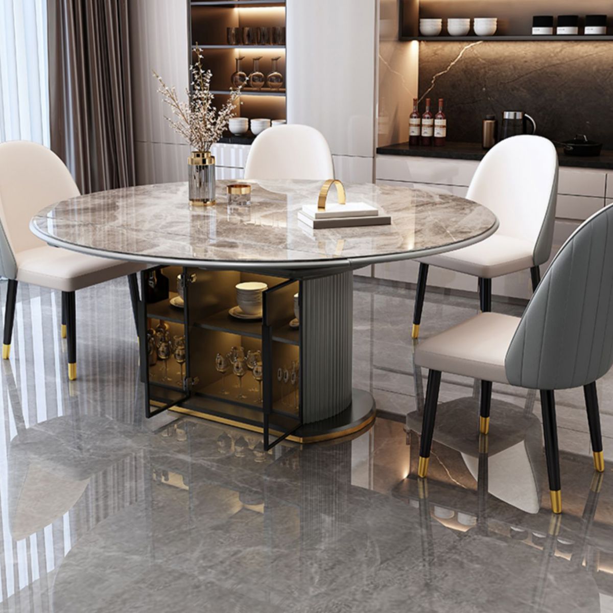 5/7 Pcs Contemporary Stone Round Shape Dinette Table with Upholstered Chair Clearhalo 'Dining Room Sets' 'Dining Tables & Seating' 'dining_room_set' 'furn' 'furn_dining_room_set' 'Furniture' 'Kitchen & Dining Furniture' 1200x1200_a20a7a45-de65-4115-8f3e-91580929ae91