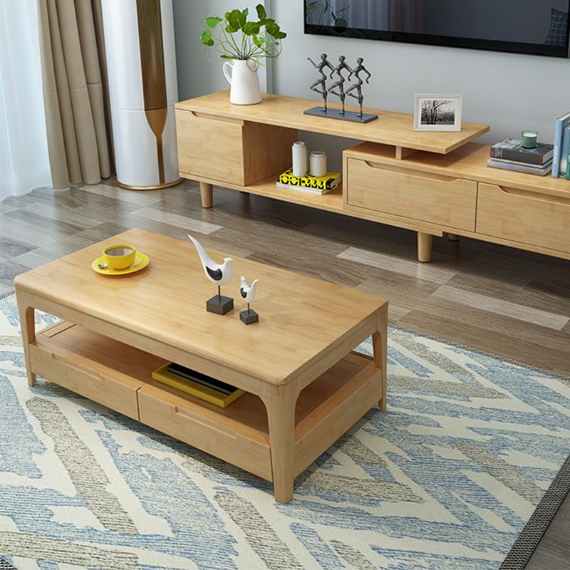 Solid Wood Coffee Table Rectangle Coffee Cocktail Table with 2 Drawers