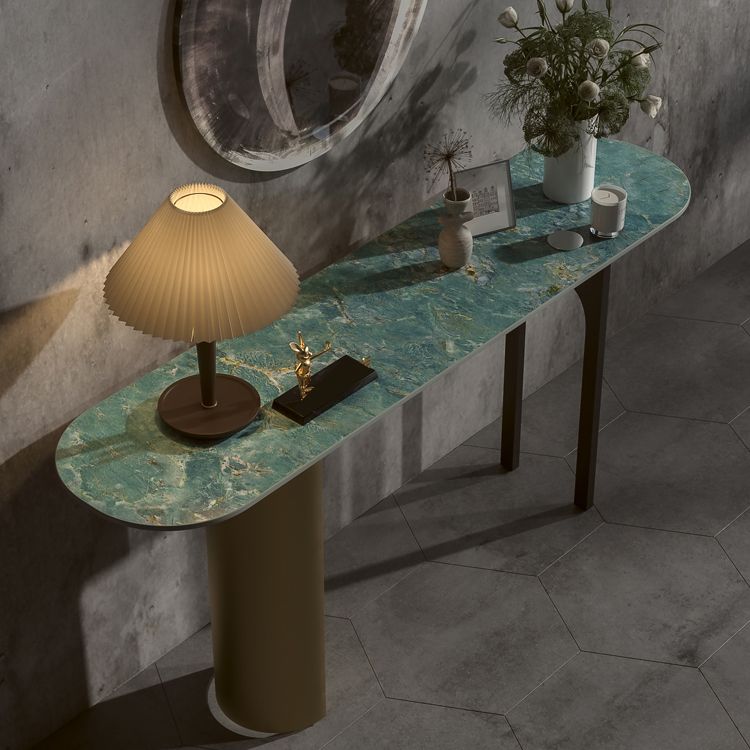 16 Inch Wide Glam Accent Table Oval Stone Console Table for Hall