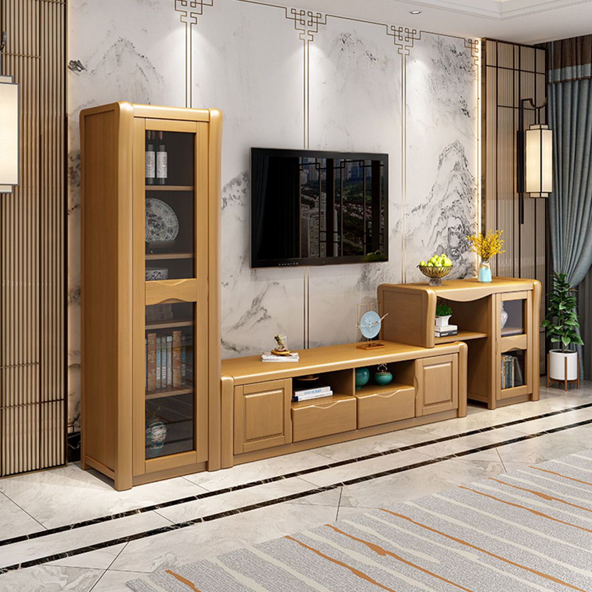 Soporte de madera moderno para TV, consola de almacenamiento abierto, soporte multimedia para TV con puertas para sala de estar