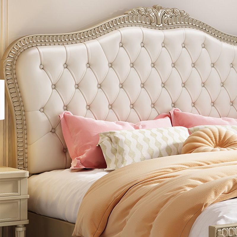 Queen Size Victoriaans houten bedframe getuft gestoffeerd standaardbed in beige