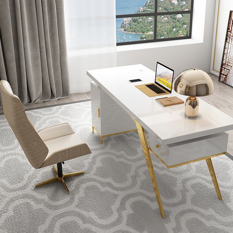 Black and White Writing Desk Glass Office Desk Pedestal with File Cabinet Clearhalo 'furn' 'furn_office_desk' 'Furniture' 'Office Desks' 'Office Furniture' 'office_desk' 1200x1200_a254102d-48d5-4892-9647-fe7089a80b2b