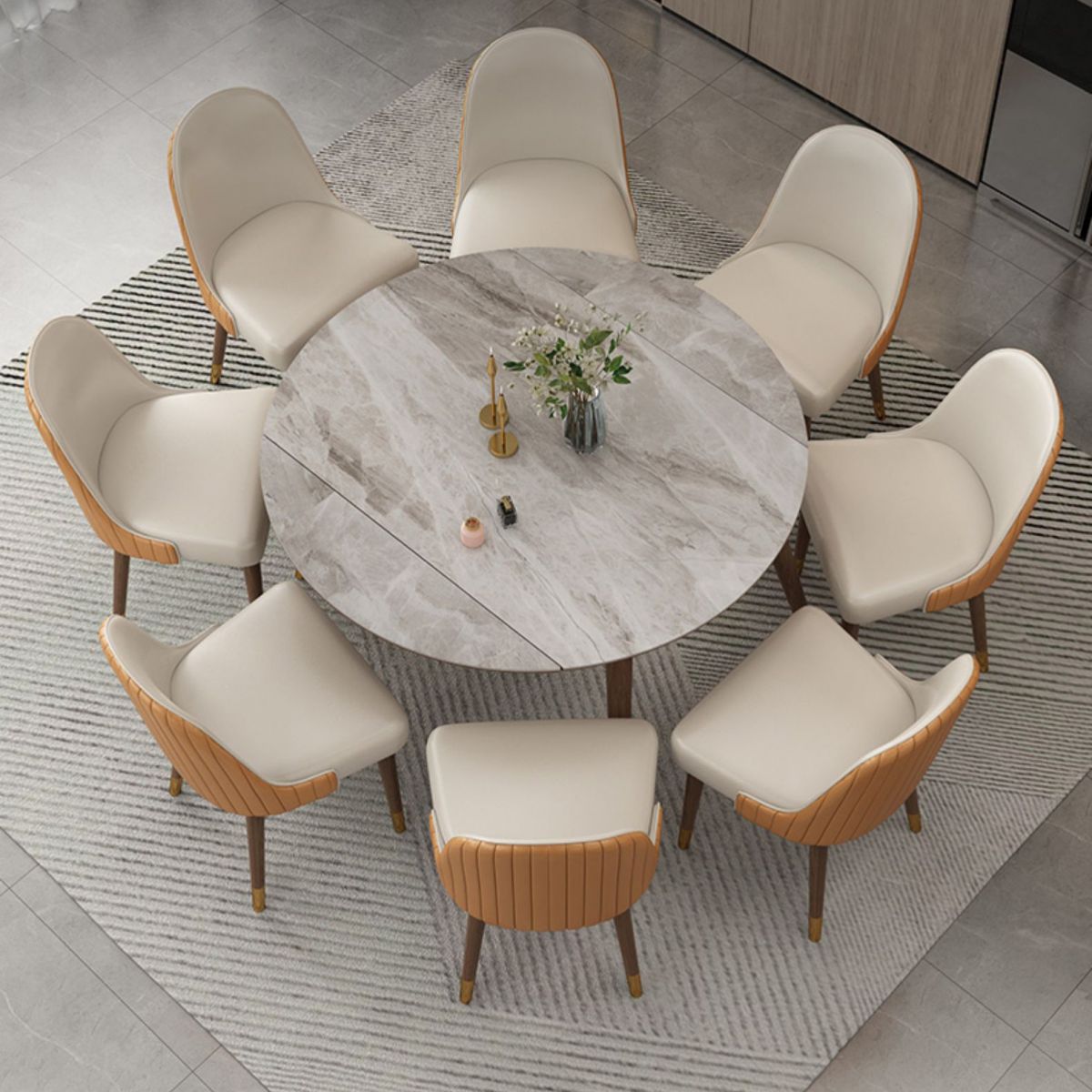 Contemporary Style Sintered Stone Dining Table with Grey Self-Storing Leaf and 4 Legs Base Clearhalo 'Dining Room Sets' 'Dining Tables & Seating' 'dining_room_set' 'furn' 'furn_dining_room_set' 'Furniture' 'furniture_dining_room_set' 'Kitchen & Dining Furniture' 'kitchen&dining_furn' 'kitchen' 1200x1200_a25598b1-bc9a-4e65-92e8-0f3b8f205e31