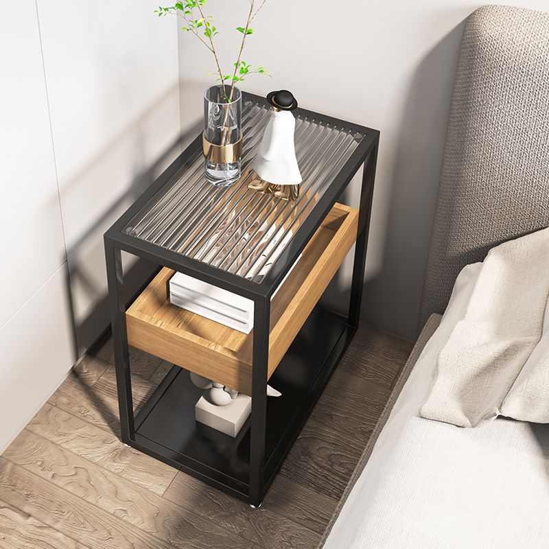 Modern Rectangular Glass Side Table Metal Frame Table with Storage Clearhalo 'Coffee & Accent Tables' 'End & Side Tables' 'end_side_tables' 'furn' 'furn_end_side_tables' 'Furniture' 'Living Room Furniture' 1200x1200_a25e64c0-e128-4b47-a2af-f22fc7a77594