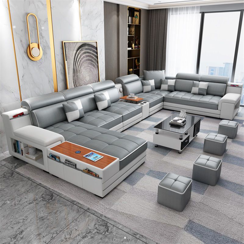 157.5"W √ó 94.49"D √ó 35.43"H Faux Leather Pillow Top Arm Sectional with Stain-Resistant Clearhalo 'furn' 'furn_sectionals' 'Furniture' 'furniture_sectionals' 'Living Room Furniture' 'Sectionals' 1200x1200_a26ad938-9900-48a6-81a5-9645c8048ee6