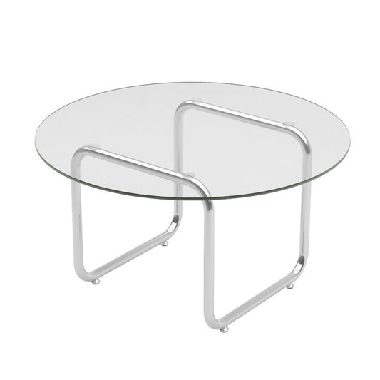 Mesa de café con tapa de vidrio redondo contemporáneo con patas de trineo de acero
