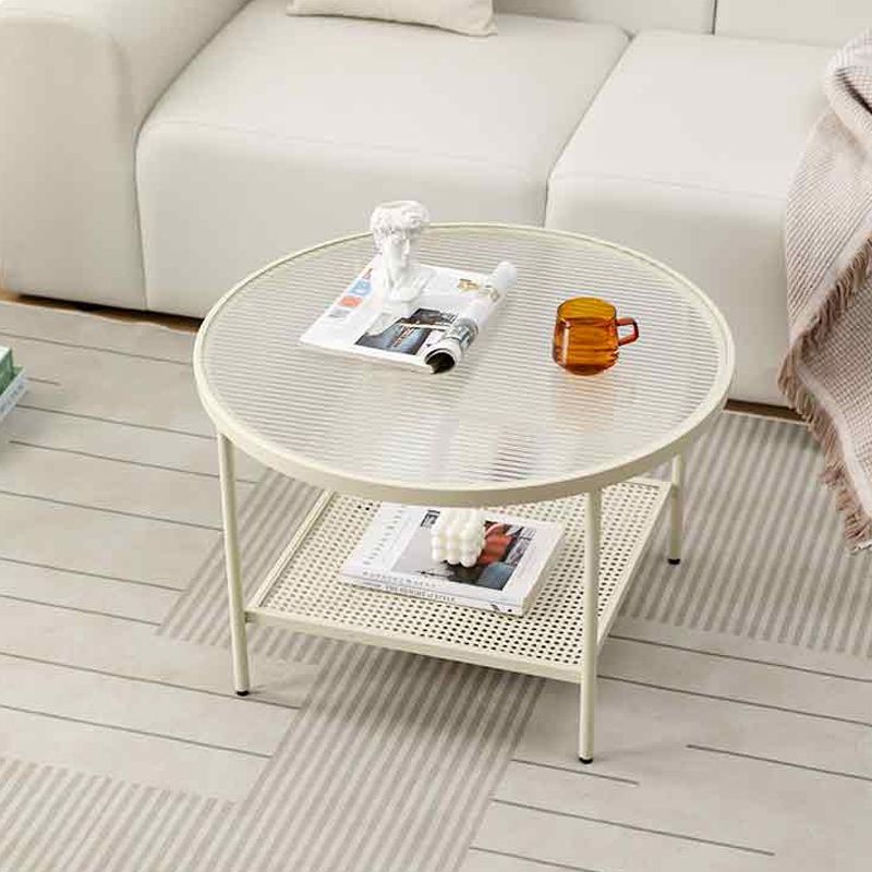 Modern 17.7"H Round Glass Cocktail Table Iron 4 Legs Coffee Table with Shelf Clearhalo 'Coffee & Accent Tables' 'Coffee Tables' 'coffee_tables' 'furn' 'furn_coffee_tables' 'Furniture' 'Living Room Furniture' 1200x1200_a2e30f85-0e52-4e87-9f8f-2508456c7fa8
