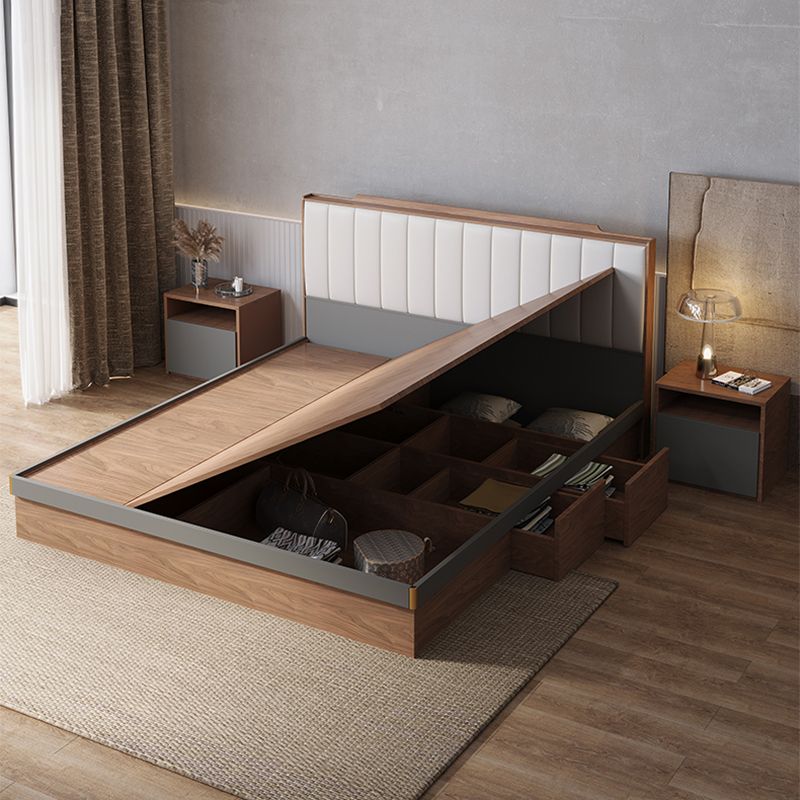 Mid-Century Modern Platform Bed Upholstered Headboard Panel Bed with Drawers