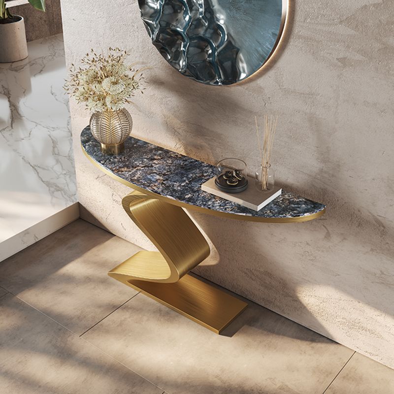 Glam Golden Console Accent Table with Half Moon Stone for Hall