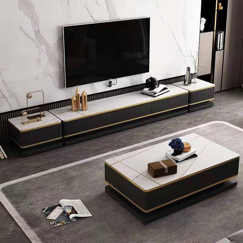 4つの固体木材の引き出しと石の上の長方形のカクテルテーブル