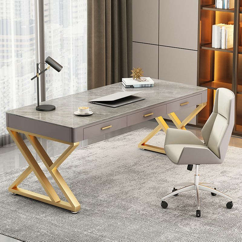 Glam Stone Writing Desk Sled Base 29.53" Tall Office Desk with Drawers Clearhalo 'furn' 'furn_office_desk' 'Furniture' 'Office Desks' 'Office Furniture' 'office_desk' 1200x1200_a32878f3-654a-4c74-8b4e-7df3c6df8652