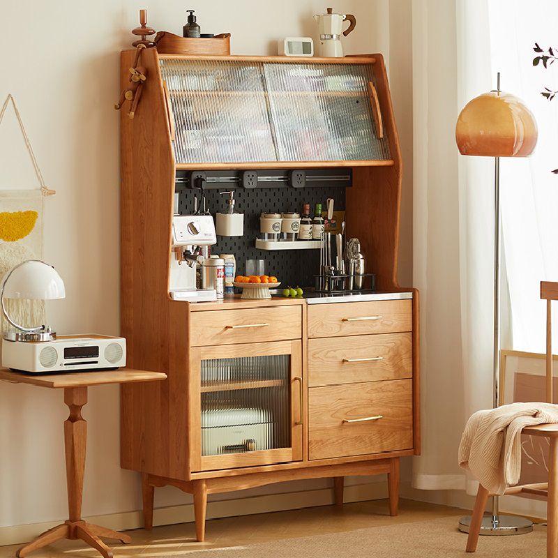 4-Schrägerkiefern Holz Sideboard moderne Glasschiebetür Schränke Credenka für Wohnzimmer