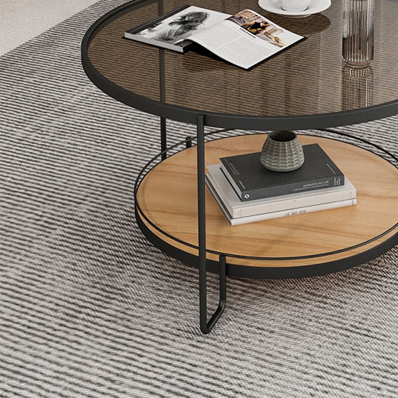 Table basse ronde en verre de 17,7 po de hauteur, table de cocktail à 3 pieds en fer avec étagère