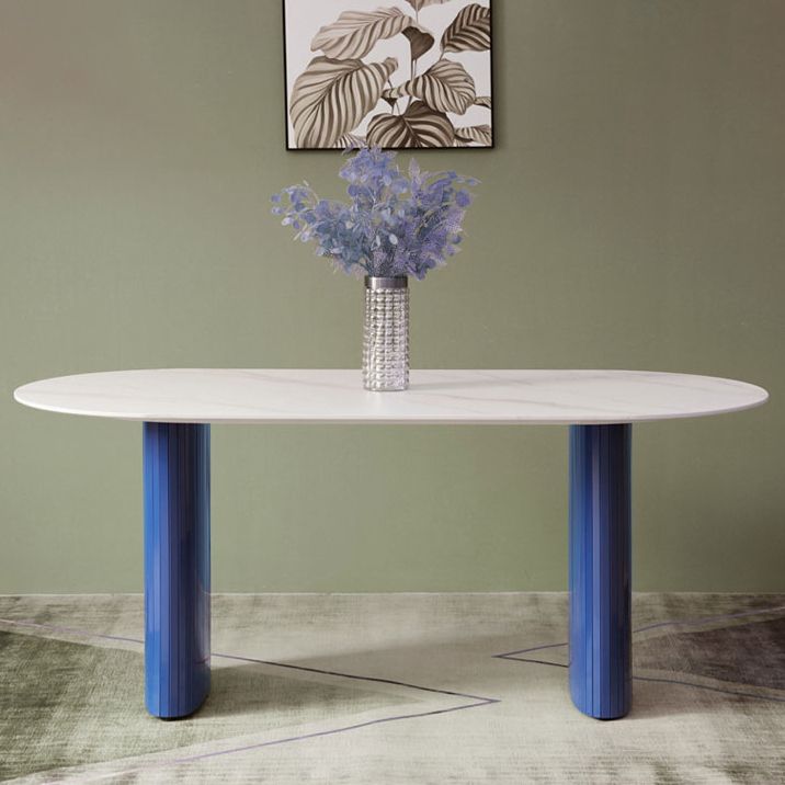Modern White & Blue Sintered Stone Dining Table Oval Shape Dining Table with Double Pedestal Bases Clearhalo ' dining_table' 'Dining Tables & Seating' 'Dining Tables' 'furn' 'furn_dining_table' 'Furniture' 'furniture_dining_table' 'Kitchen & Dining Furniture' 'kitchen&dining_furn' 'kitchen' 'kitchen_dining_table' 1200x1200_a344d31b-871c-4f19-b533-f114f24b1e07