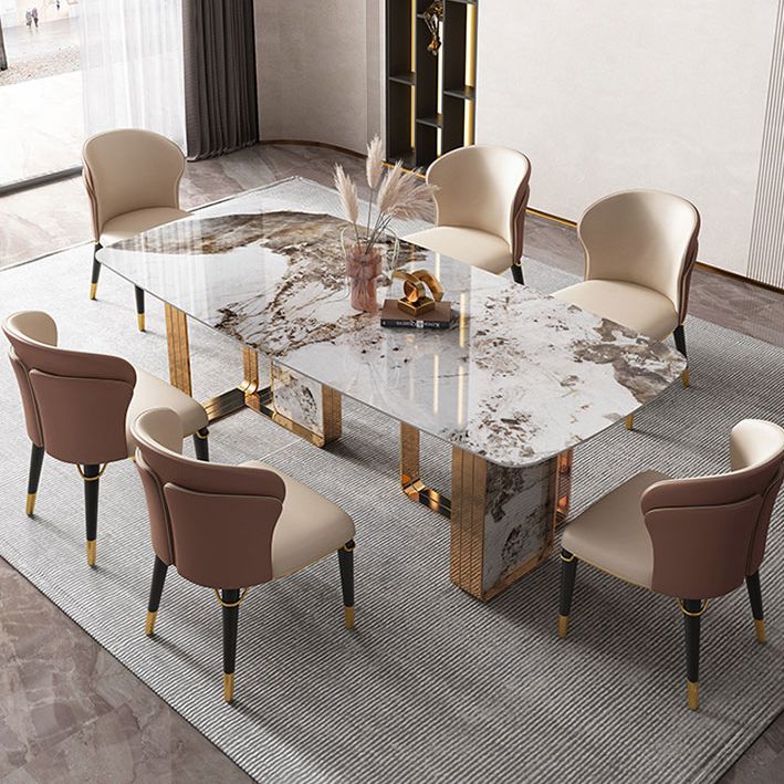 Modern Rectangle Shape Sintered Stone Top Dining Set White Kitchen Dining Set with Double Pedestal Clearhalo 'Dining Room Sets' 'Dining Tables & Seating' 'dining_room_set' 'furn' 'furn_dining_room_set' 'Furniture' 'furniture_dining_room_set' 'Kitchen & Dining Furniture' 'kitchen&dining_furn' 'kitchen' 1200x1200_a353032a-2694-41c1-b1dd-66ab32d9030e