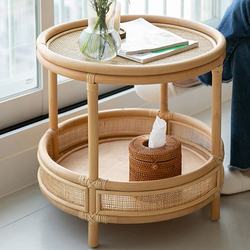 Tropical Round Cocktail Table Light Wood Coffee Cocktail Table with Storage