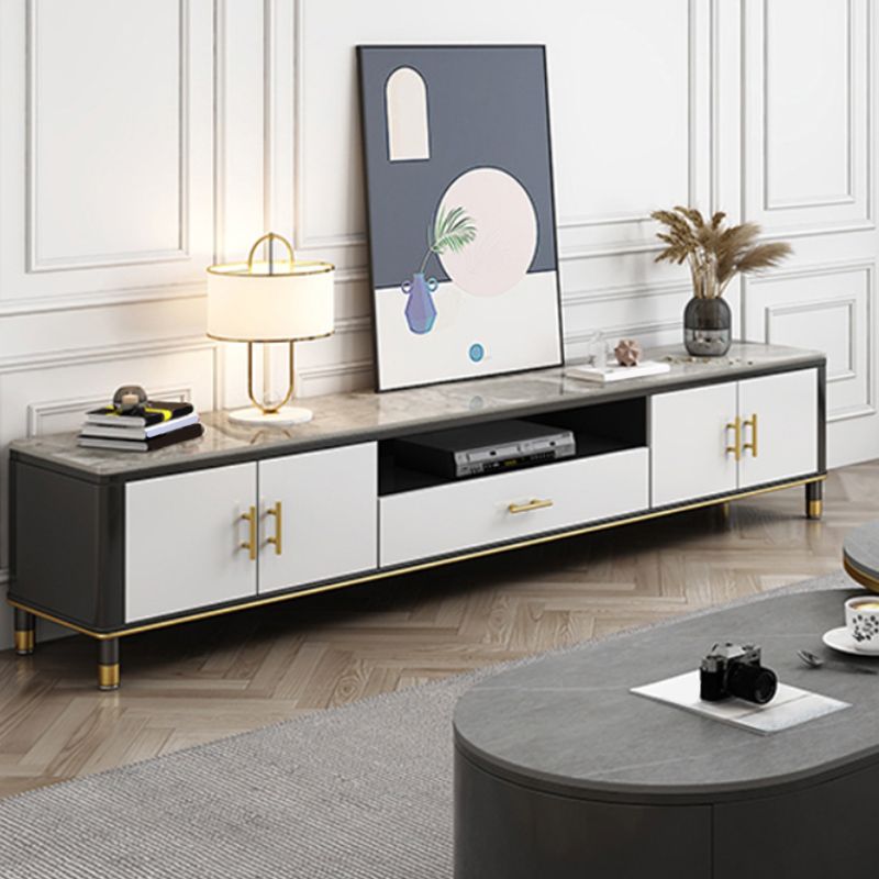Stone Media Console Contemporary Open Storage TV Console with Doors Clearhalo 'furn' 'furn_tv_stands_entertainment_centers' 'Furniture' 'Living Room Furniture' 'TV Stands & Entertainment Centers' 'TV Stands & Media Storage Furniture' 'tv_stands_entertainment_centers' 1200x1200_a38bce90-22b0-4a16-a7f5-9d24ca7a611f