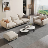 正方形の腕とベージュのゆるい木に戻ってゆるいスカンジナビアのソファ