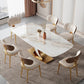 Table de salle à manger rectangulaire de luxe avec plateau en pierre blanche et base en X en métal doré et blanc