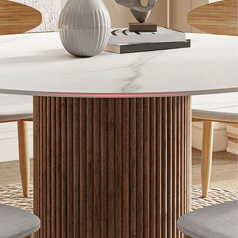 Mesa de pedestal contemporánea, mesa de comedor redonda de piedra con base de madera para cocina casera