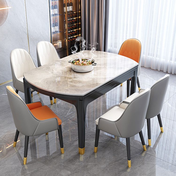 Modern Extendable Grey Stone Top Dining Table with 4 Black Steel Legs Clearhalo 'Dining Tables & Seating' 'Dining Tables' 'dining_table' 'furn' 'furn_dining_table' 'Furniture' 'Kitchen & Dining Furniture' 1200x1200_a3be216d-39cd-4d0d-9925-ef27fd76eab9