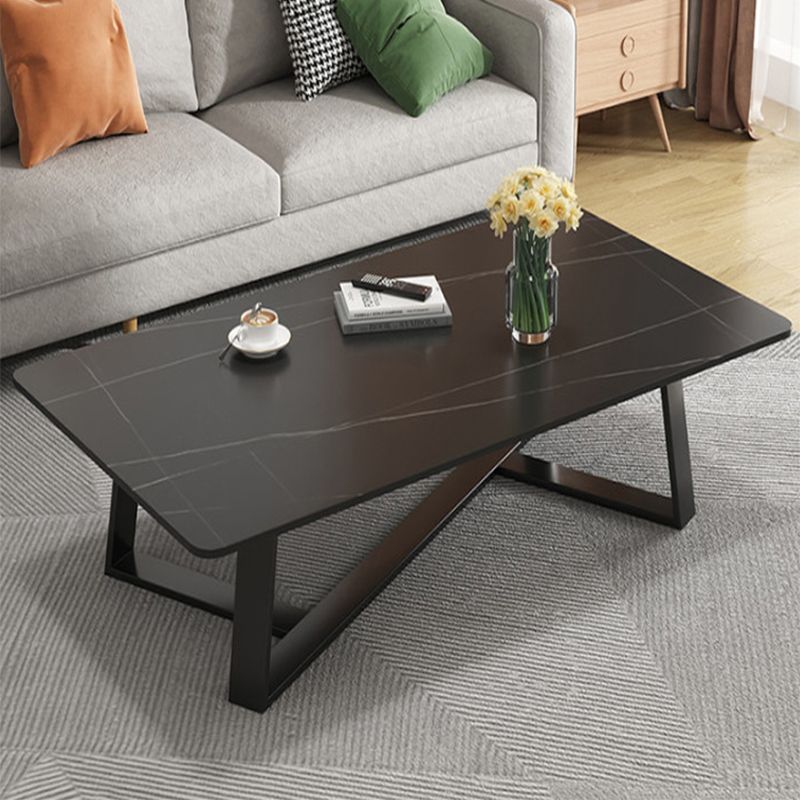 Modern Rectangle Coffee or End Table Stone and Steel Coffee Table with Cross Legs
