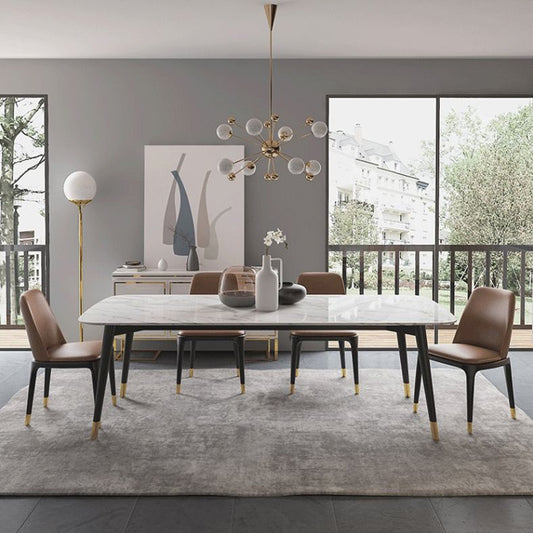 Mesa de comedor moderna de piedra blanca de piedra blanca y mesa de comedor de marco Base de trineo
