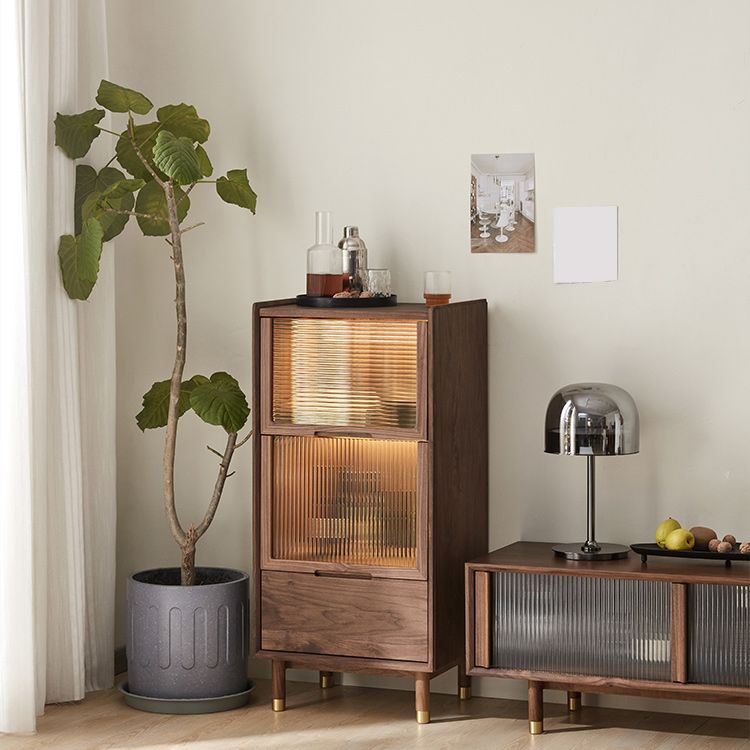 Walnut Glass Paned Accent Cabinet Mi-Century Modern 41.3" Tall Chest with Drawer Clearhalo 'Cabinets & Chests' 'cabinets_chests' 'furn' 'furn_cabinets_chests' 'Furniture' 'Living Room Furniture' 1200x1200_a3d30199-6c6c-4bab-9476-1013ddd07b35