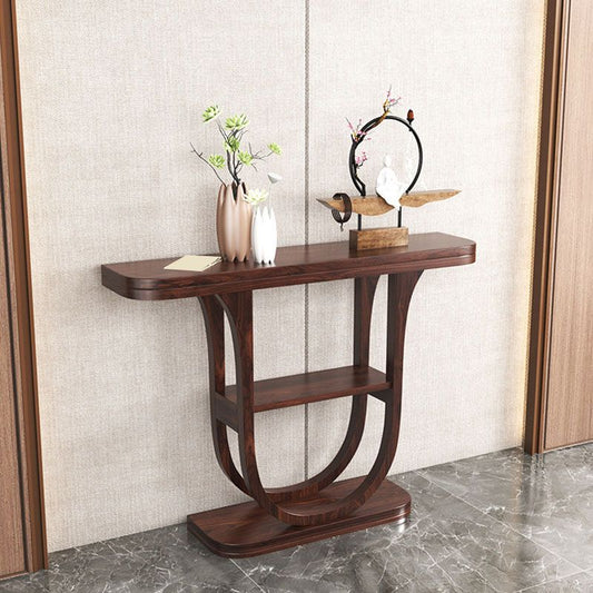 Solid Wood Half Moon Accent Table 2-shelf 33.46" Tall Console Table