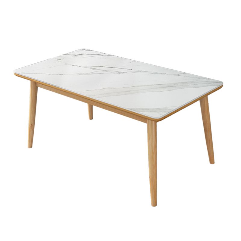 Modern White Rectangle Stone Dining Table with Solid Wood Legs