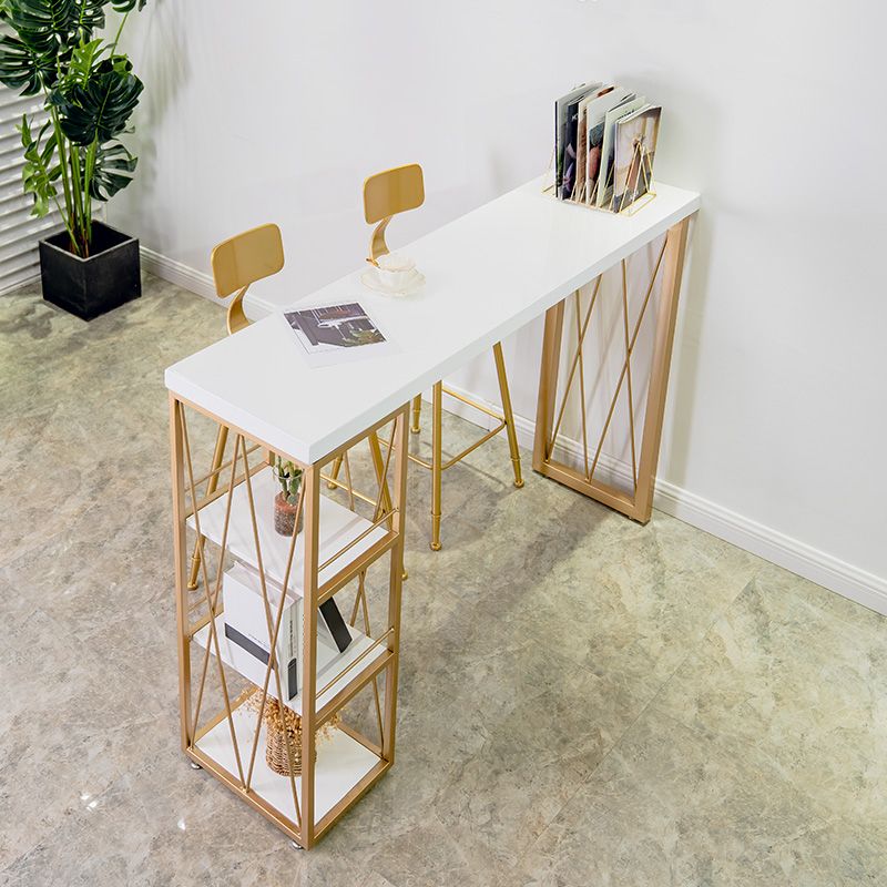 Glam Iron Bar Dining Table White Wood Rectangle Indoor Bistro Table with Shelf Clearhalo 'Bar Furniture' 'Bar Tables' 'bar_tables' 'furn' 'furn_bar_tables' 'Furniture' 'furniture_bar_tables' 'Kitchen & Dining Furniture' 1200x1200_a45e4144-0c59-4dbc-be21-3e8dd4dfc02f