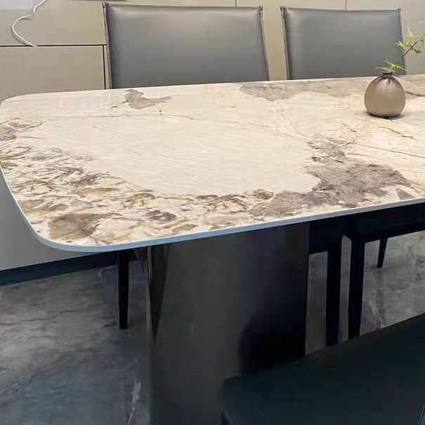 Rectangle Double Pedestal Glam Dining Table Brown Tone Fixed Table with Sintered Stone Clearhalo ' dining_table' 'Dining Tables & Seating' 'Dining Tables' 'furn' 'furn_dining_table' 'Furniture' 'furniture_dining_table' 'Kitchen & Dining Furniture' 'kitchen&dining_furn' 'kitchen' 'kitchen_dining_table' 1200x1200_a4888230-ba0e-4d04-b725-0c9ef612d7c3