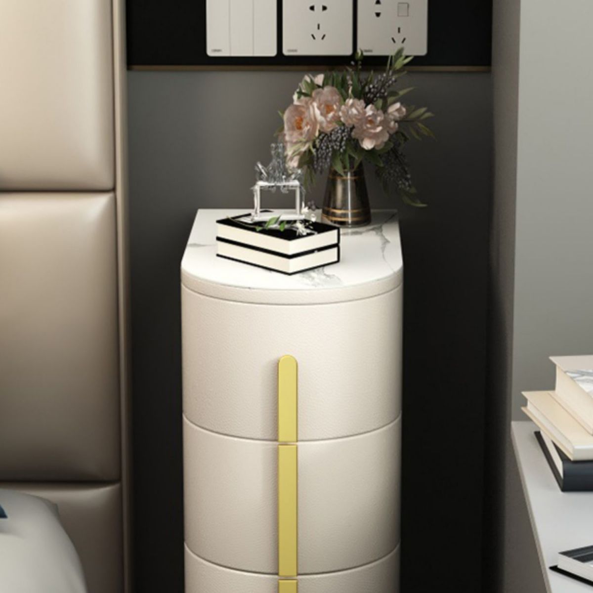 Glam 22.4-inch Tall Stone Top End Table Brass 4 Legs Sofa Side Table