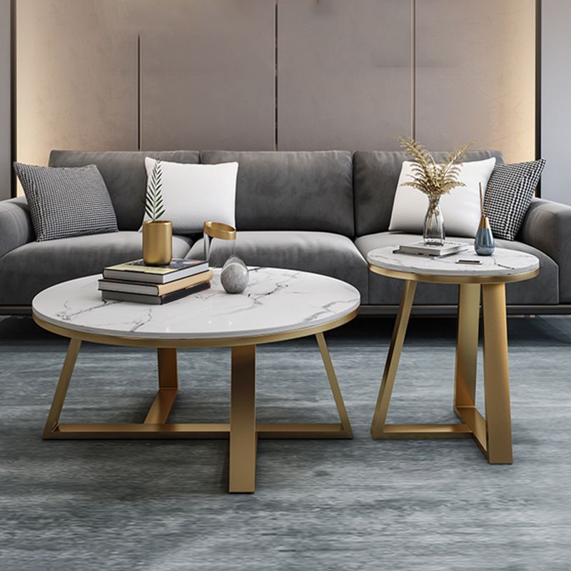 15.7"Tall Cross Legs Black / White Round Slate Top Coffee Table