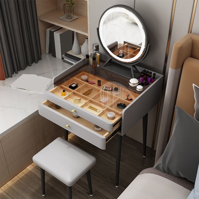 2 Storage Drawers Vanity Set Glass Top Jewelry Dressing Table with Padded Stool