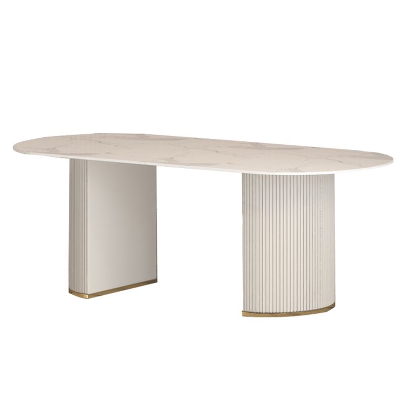 Modern Oval Dining Site Table Stone and Metal White Base Dinner Room Kitchen Table