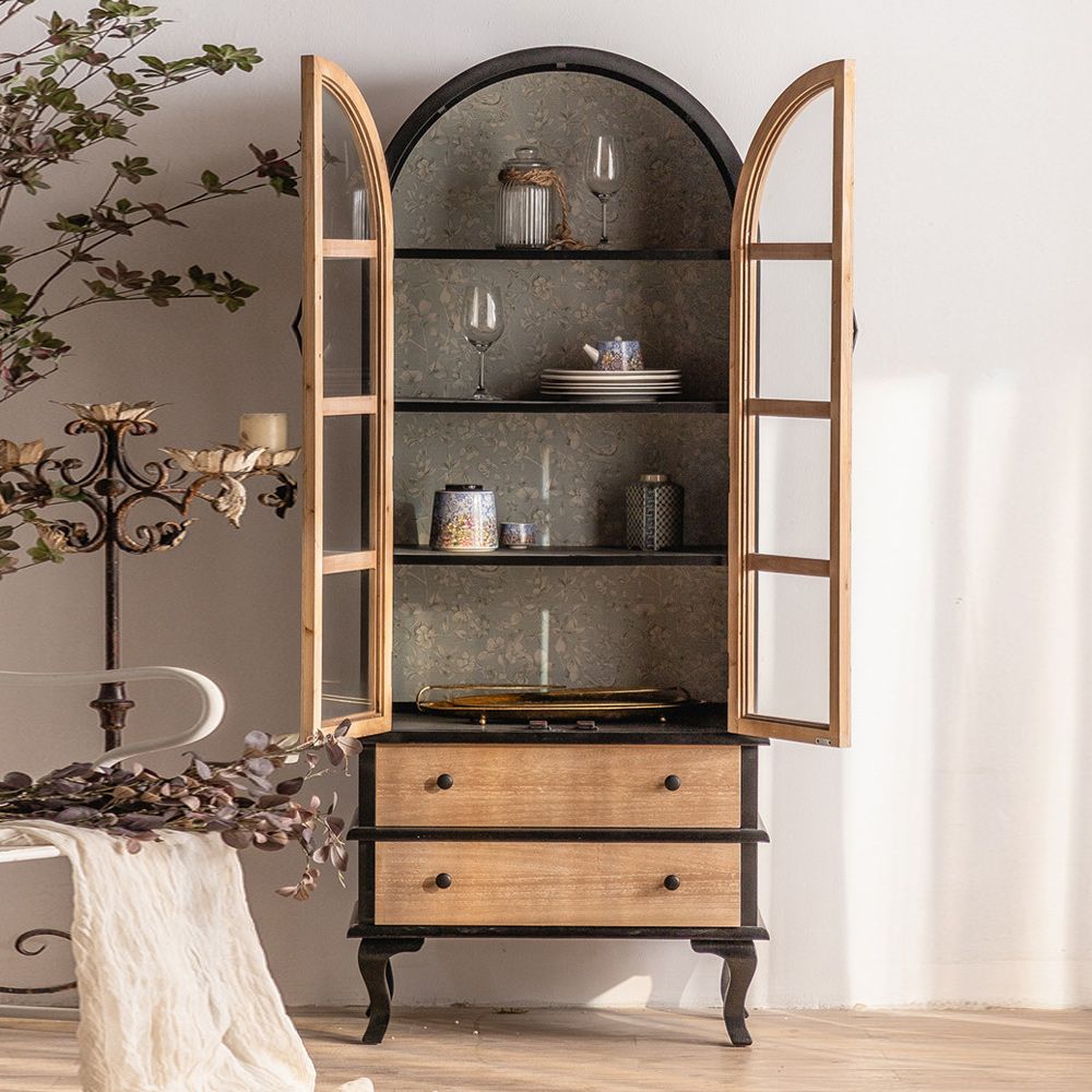 伝統的な松のディスプレイスタンドガラスドアリビングルーム用の収納キャビネット