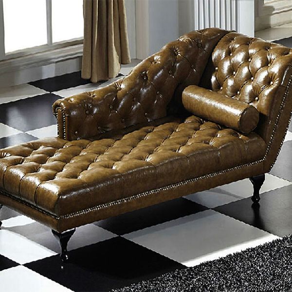 Sala de estar chaise brote brazo de cuero salón de chaise con tapicón mechoso