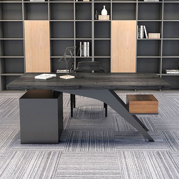 Black Writing Desk Modern Style Solid Wood Top Metal Legs with Drawers Clearhalo 'furn' 'furn_office_desk' 'Furniture' 'Office Desks' 'Office Furniture' 'office_desk' 1200x1200_a5698ecc-56ad-4bfb-9eba-d12cc47e74fa