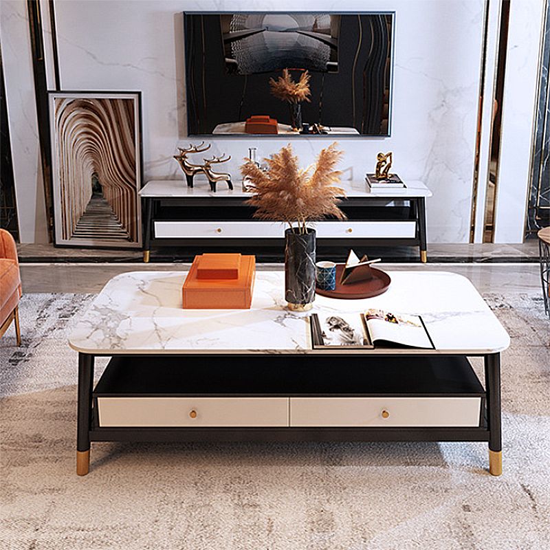 2 - Drawer and 1 - Shelf Coffee Table Rectangular Slate 4 Legs Cocktail Table Clearhalo 'Coffee & Accent Tables' 'Coffee Tables' 'coffee_tables' 'furn' 'furn_coffee_tables' 'Furniture' 'Living Room Furniture' 1200x1200_a56fd6dd-2a04-46a3-9eaf-a3755998388c