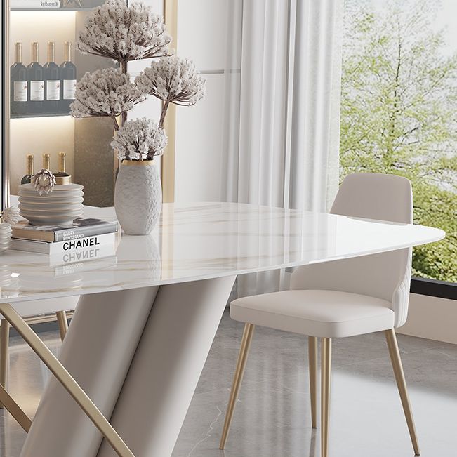 Contemporary Style Sintered Stone Dining Table with White Fixed Table and Trestle Base Clearhalo 'Dining Room Sets' 'Dining Tables & Seating' 'dining_room_set' 'furn' 'furn_dining_room_set' 'Furniture' 'furniture_dining_room_set' 'Kitchen & Dining Furniture' 'kitchen&dining_furn' 'kitchen' 1200x1200_a5730a05-8d10-4c6a-8eaa-dfecea0da962