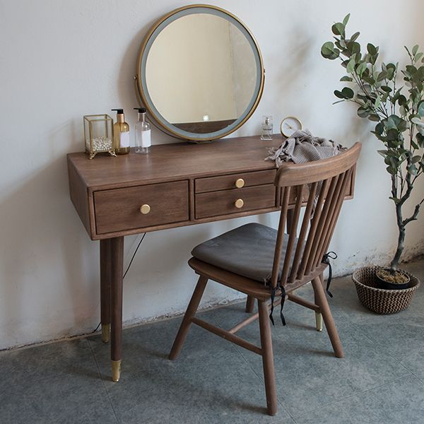 Solid Wood Brown Bedroom Lighted Mirror Vanity Dressing Table