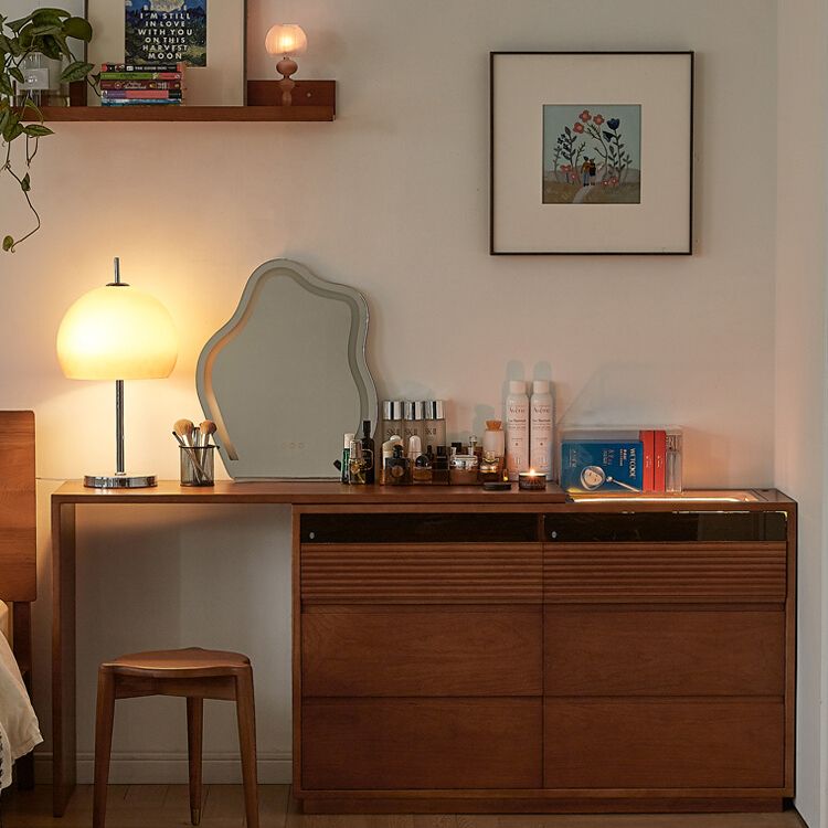 Traditional Wood & Glass Vanity Desk in Cherry with 6 Drawers - 94.5" W