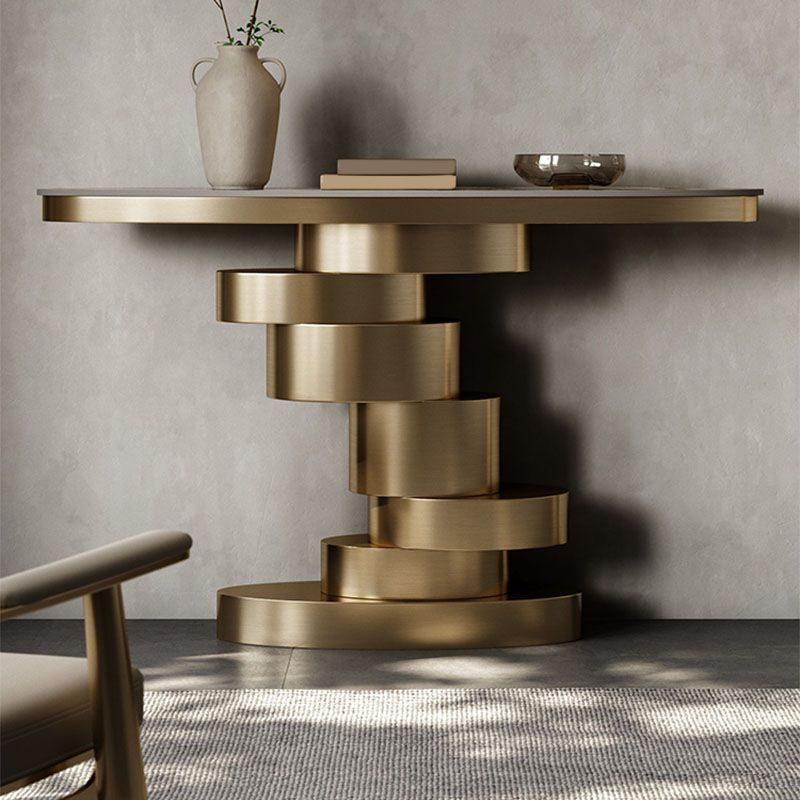 Glam Stone Console Table Golden Oval Console Accent Table for Hall