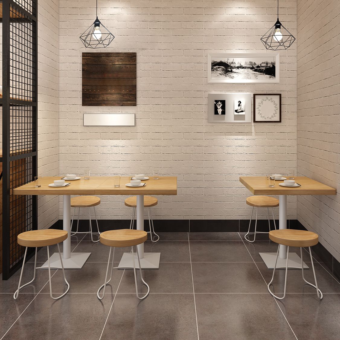 金属工業用四角いダイニングテーブルパインウッドトップテーブル付き台座